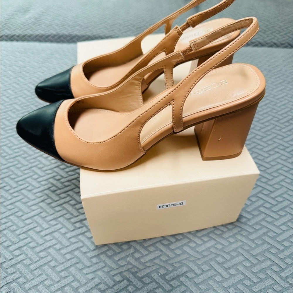BCBGeneration Tan and Black Slingback Heels with Pointed Toe - Picture 10 of 13